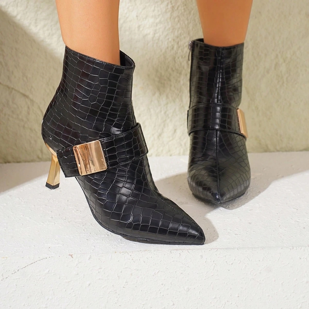 SHEIN Black Croc Heeled Boots with Gold Accent